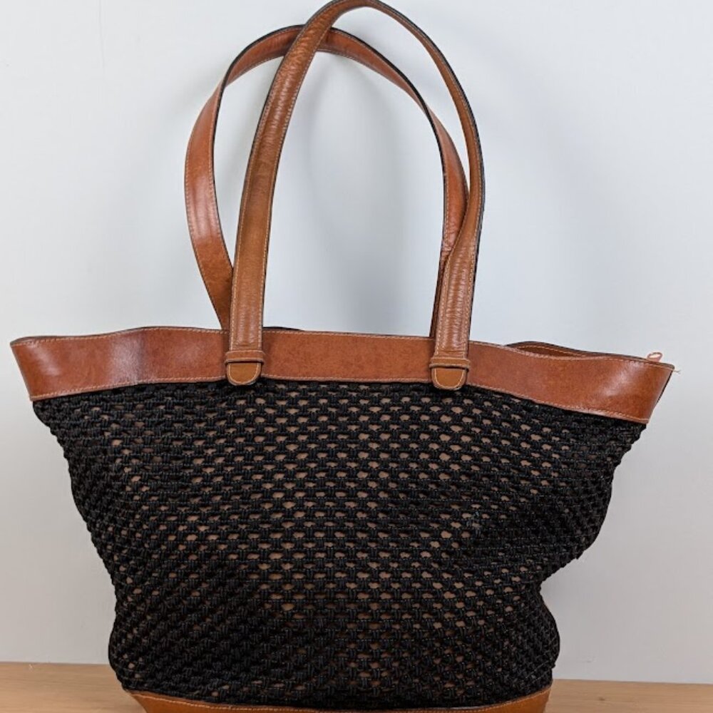 Design Assets Italy Woven Leather Tote Bag Black Tan Macramé 90s Boho Shopper